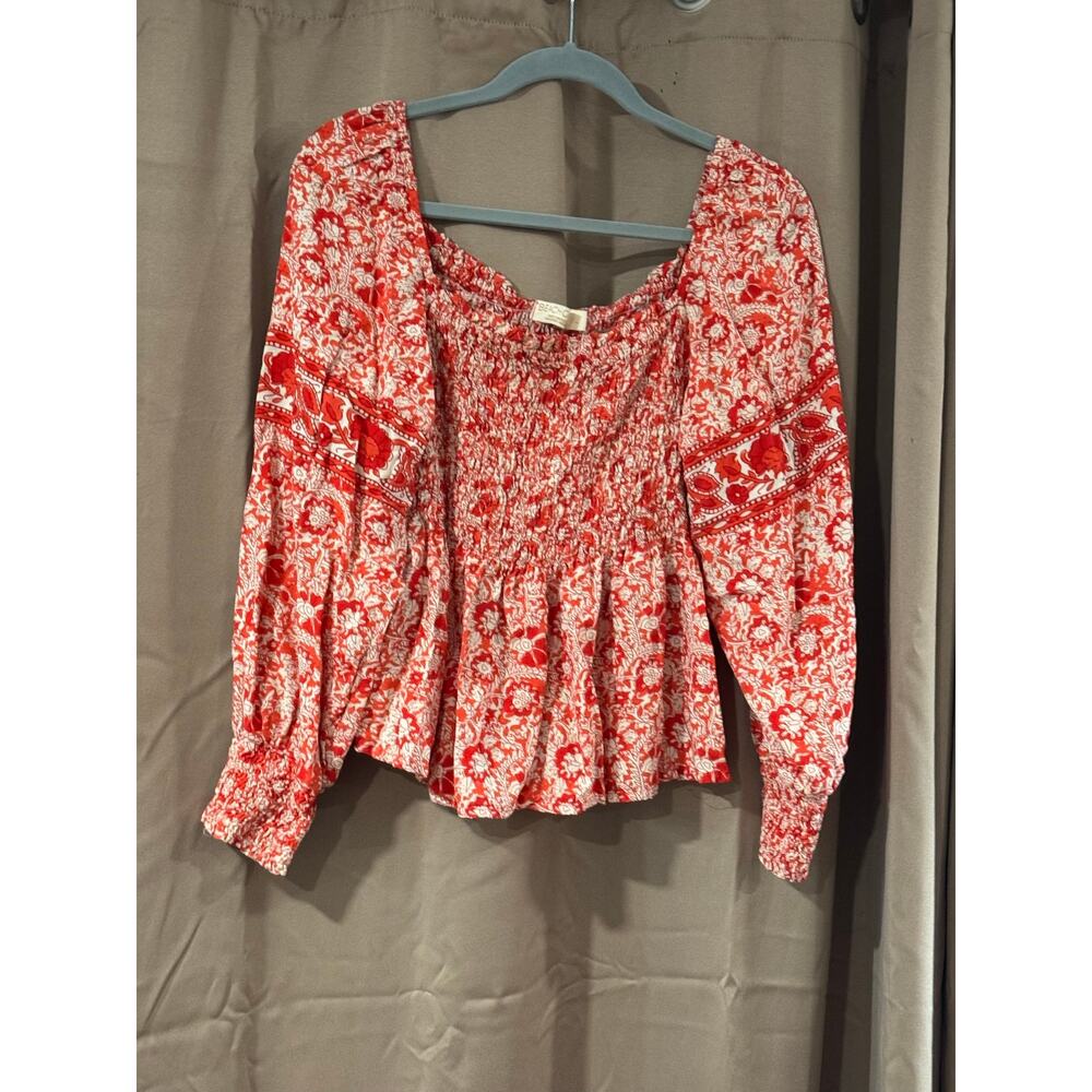 BeachGold Bali Smocked Peasant Top | Women’s XL | Red Floral Boho Blouse